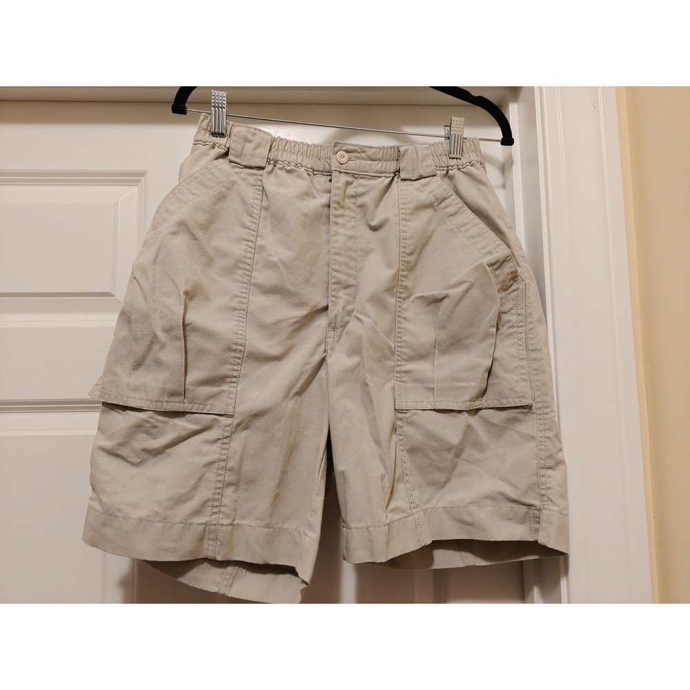 Vintage Bugle Boy Mens Khaki Cargo Shorts Elastic Waist Tan Size 32 W-28 Utility